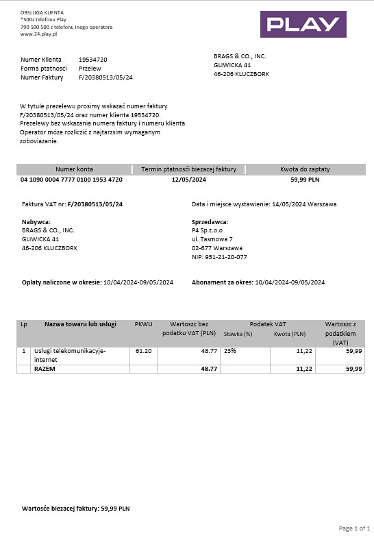 Poland Play business utility bill template in Word and PDF formats